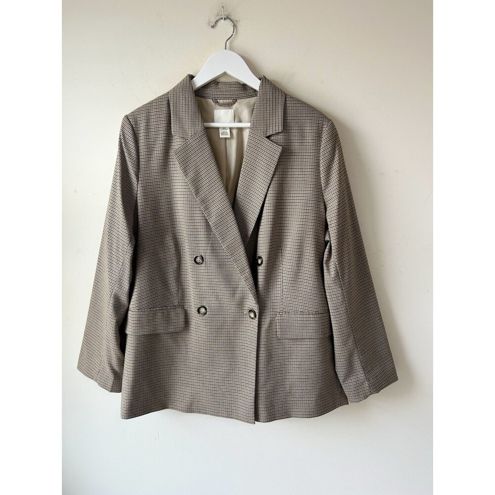 H&M Brown Black Houndstooth Double Breasted Blazer Notched Lapels Pockets Sz L